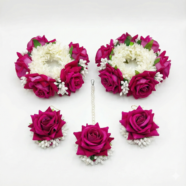 Artificial Handmade Rose & Gold Leaf Floral Jewellery Set