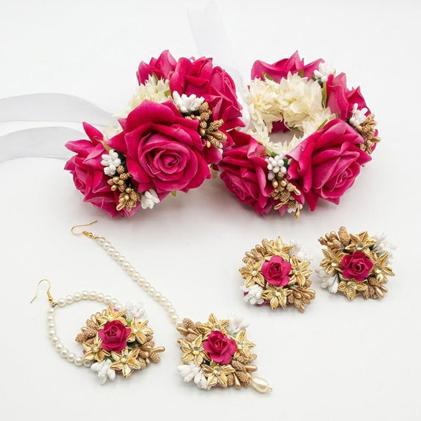 Premium Artificial Floral Jewellery Set – Rose Pink Mehndi & Mayun Special